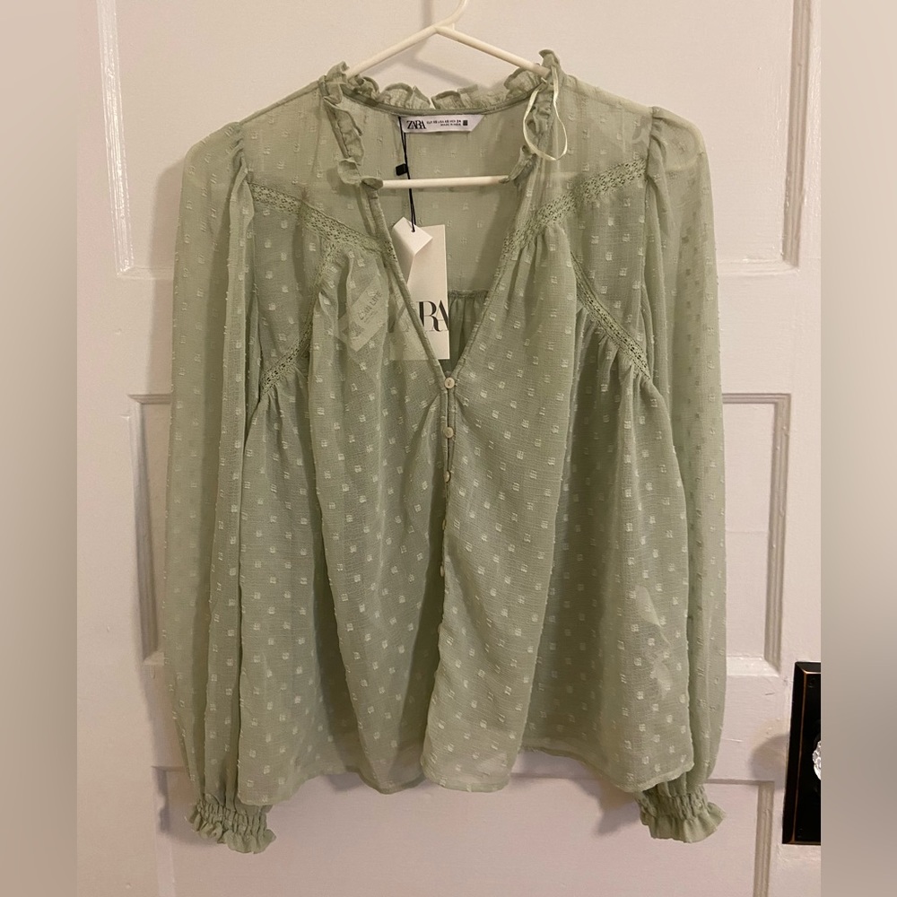 ZARA LACE INSERT DOTTED MESH BLOUSE